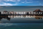 黑料社区专区重磅来袭！本周惊人大V秘闻全网炸裂，真相大白